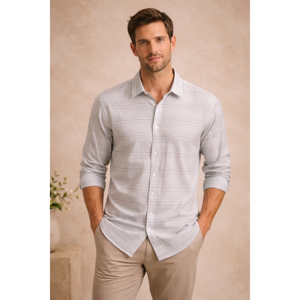 R2 Travis Mathew Men's XL Long Sleeve Button Front Shirt Blue Stripe Casual Golf